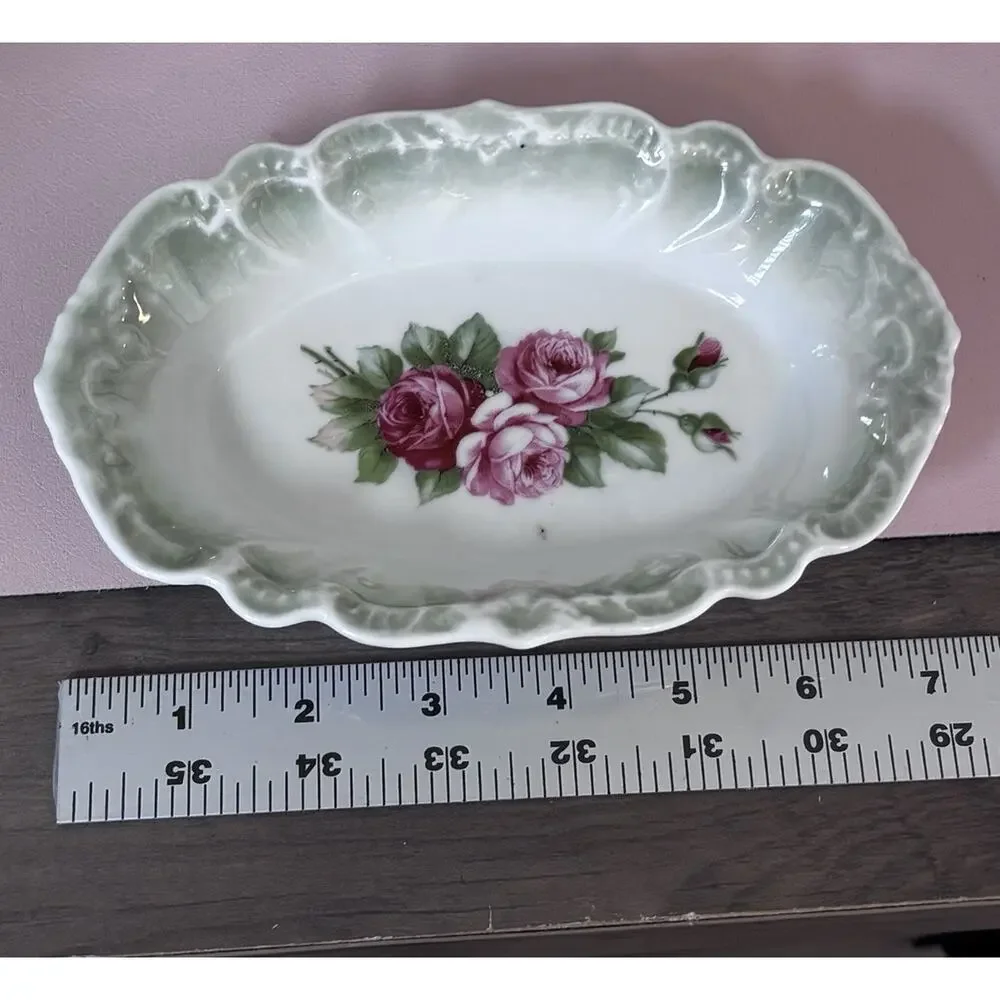 Vintage Rose Trinket Dish Cottage Porcelain Germany Green Floral Romantic Ring